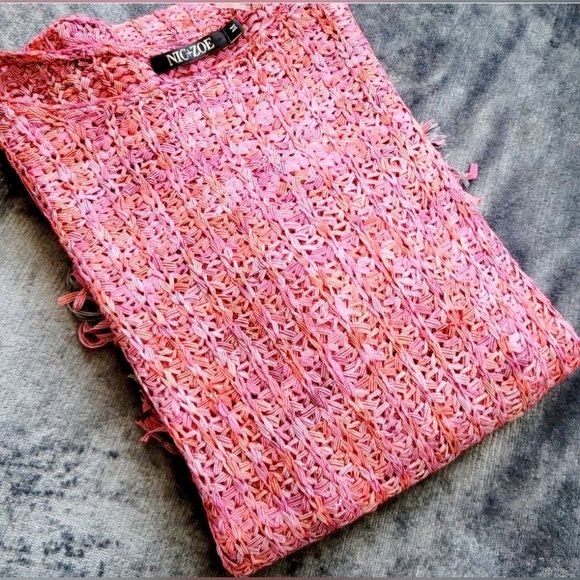 Nic + Zoe Pink & Red Airy Macrame Ribbon Knit Fringe Sweater, Medium Size, - Picture 7 of 16